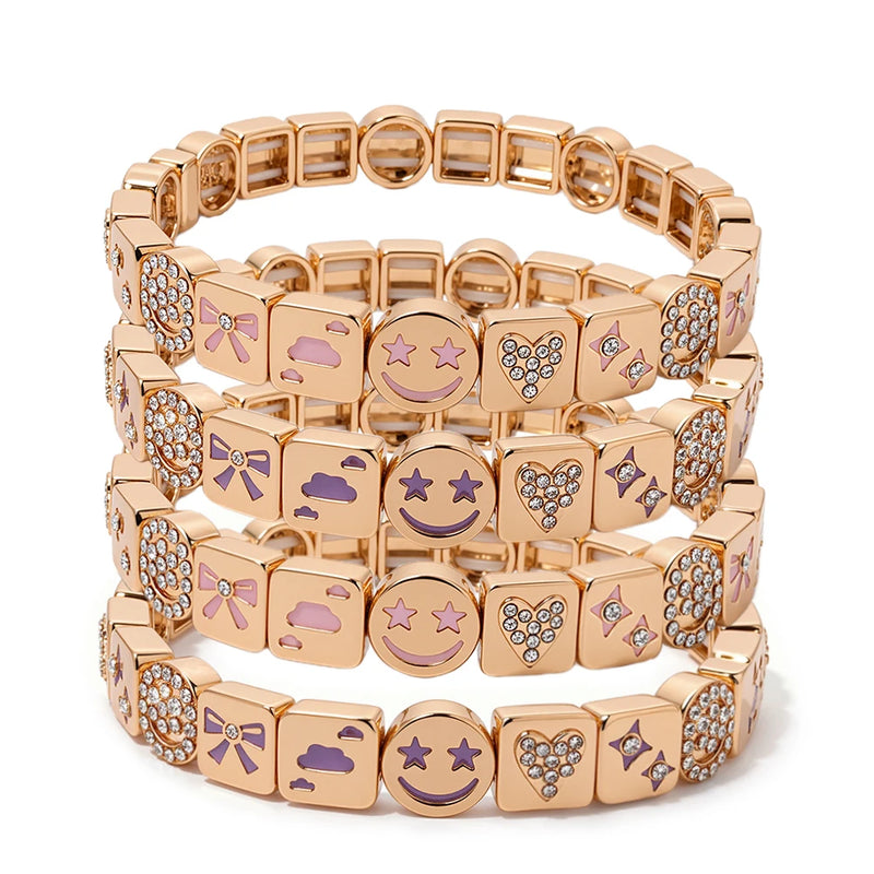 JOLDHAF Happy Face Bangle Gold Color Paved Diamond Bracelet 18.5cm