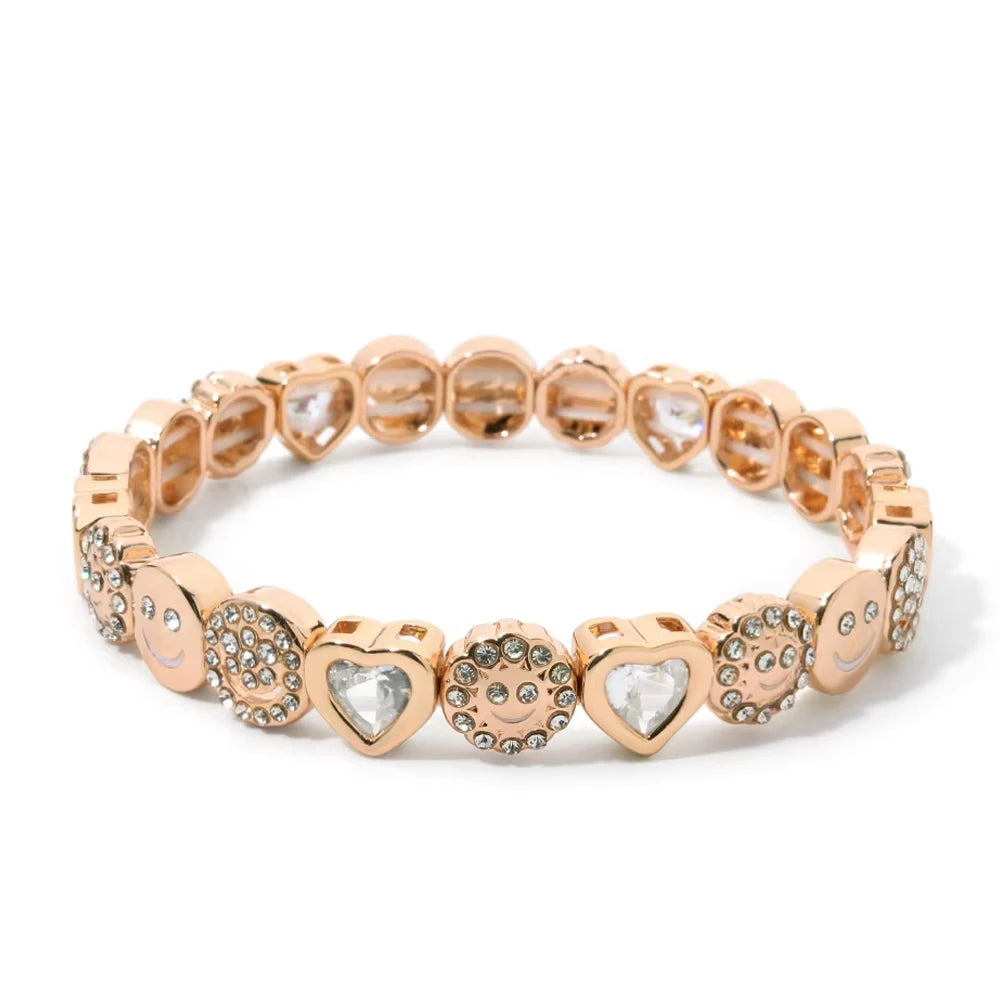 JOLDHAF Happy Face Bangle Gold Color Paved Diamond Bracelet 18.5cm