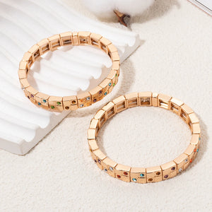JOLDHAF Women's Gold Silver Color Inlaid Diamond Colorful Crystal Elastic Rhinestone Bangle