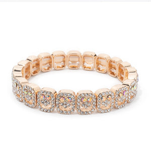 BEUTIFOR Happy Face Rhinestone Beaded Strand Bracelet 18cm Gold